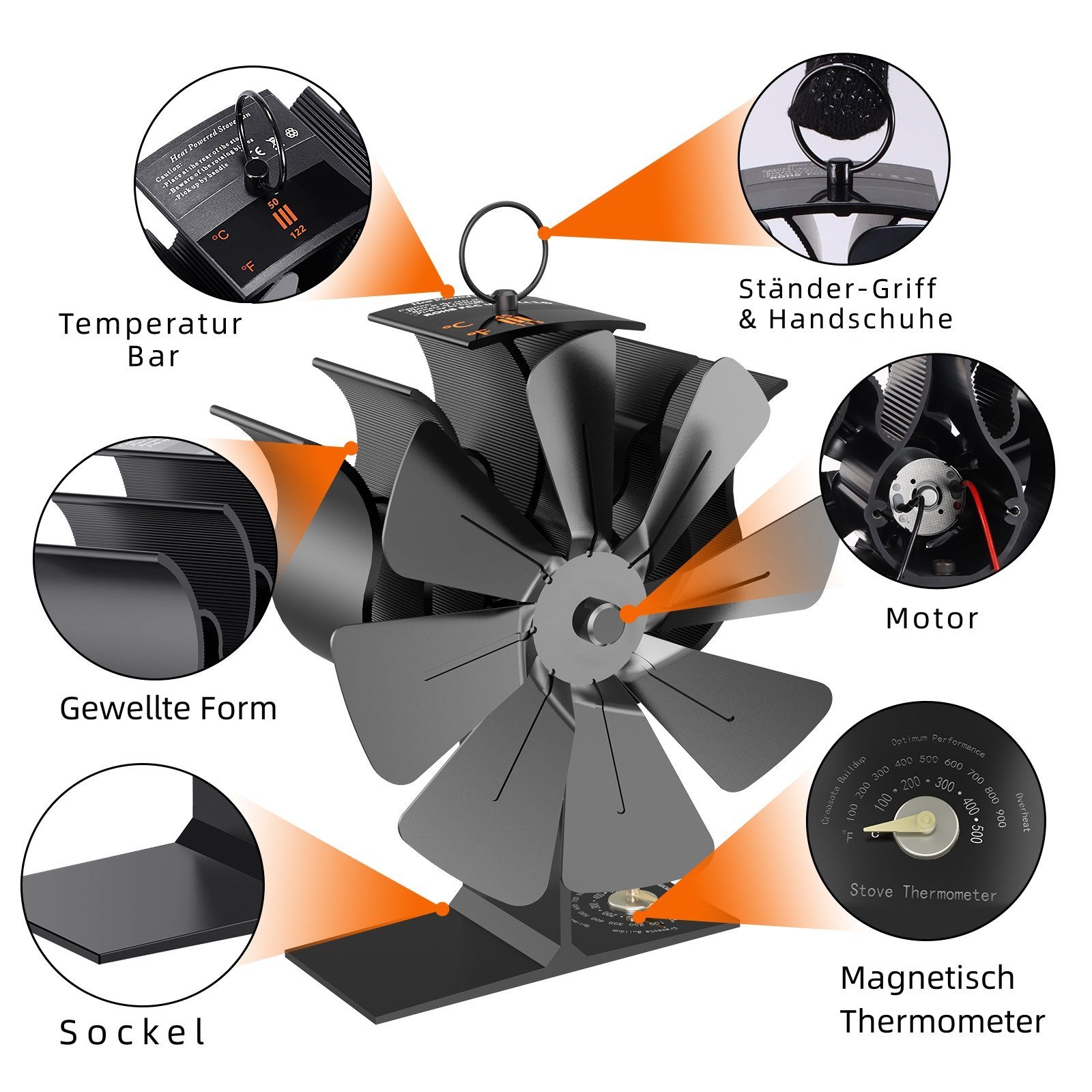 BlingBin Kaminventilator Leiser Stove Fan Wärmebetriebener Ventilator 8 Flügel, Mit Integriertes Thermometer und Isolierhandschuhe