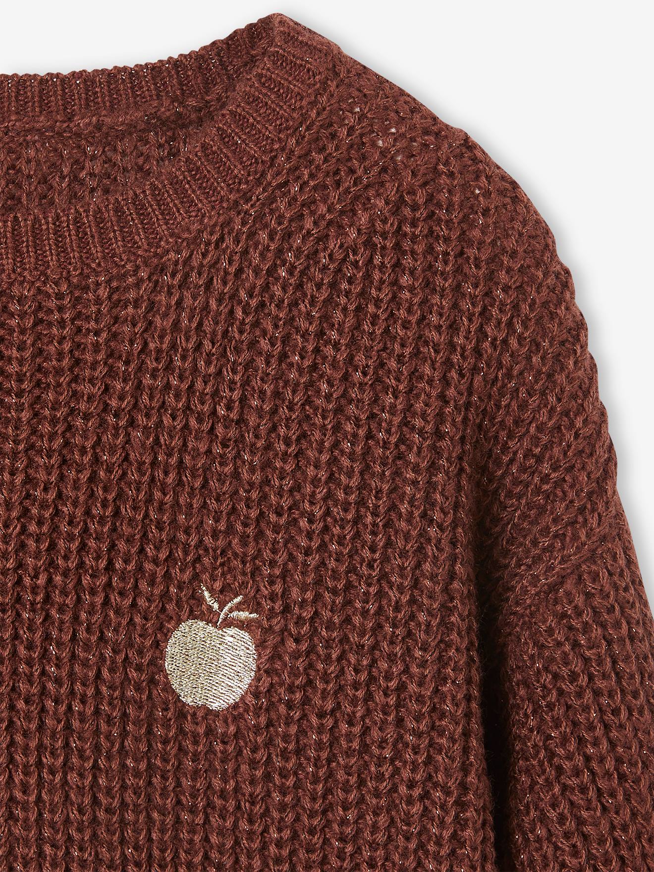 Pull maille perlée animation badge irisé fille écru