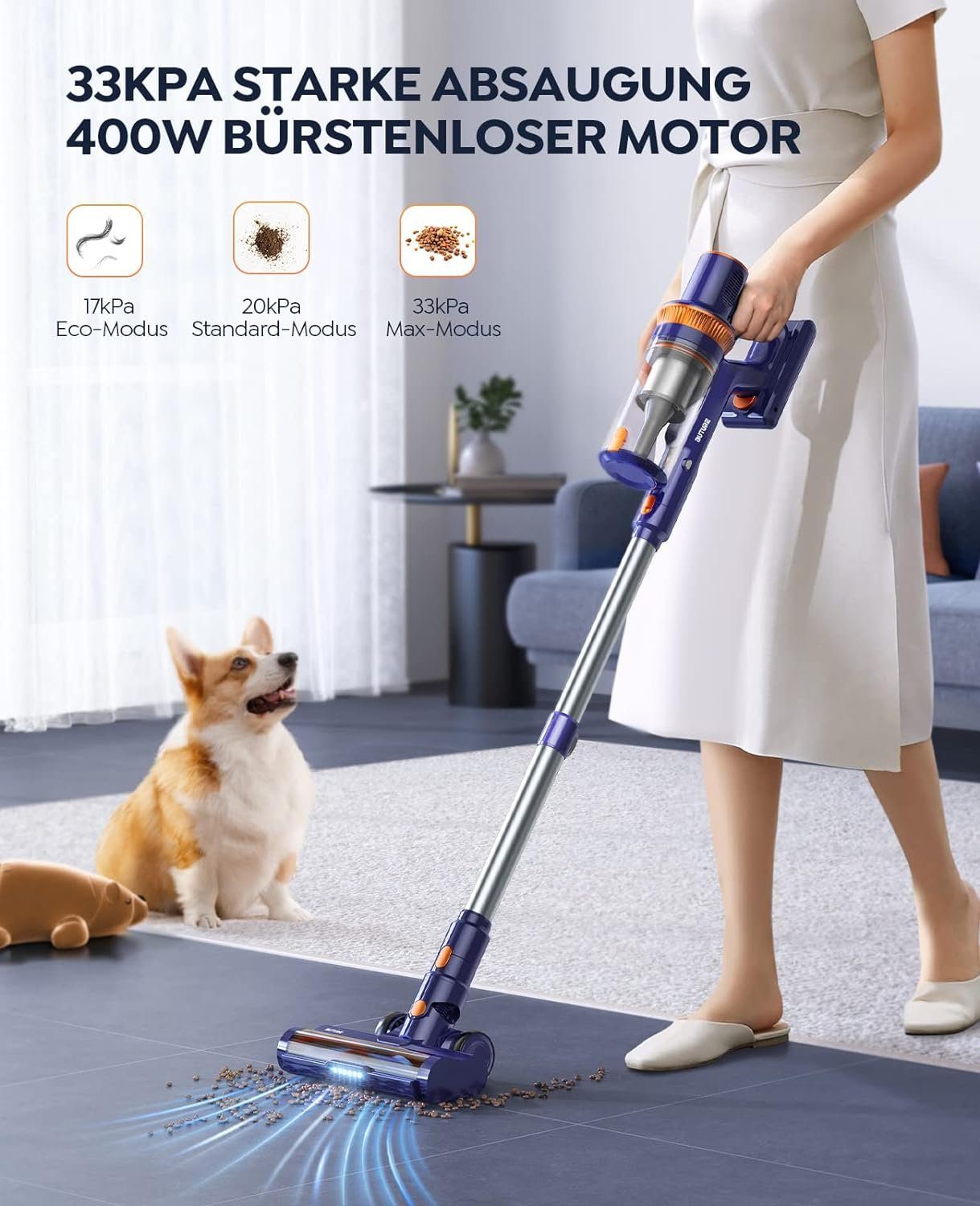 Buture Akku-Hand-und Stielstaubsauger, Akku Staubsauger,33000Pa Ultraleiser Staubsauger Kabellos mit Touch Screen,Bis zu 50 Min.Laufzeit,1.5L