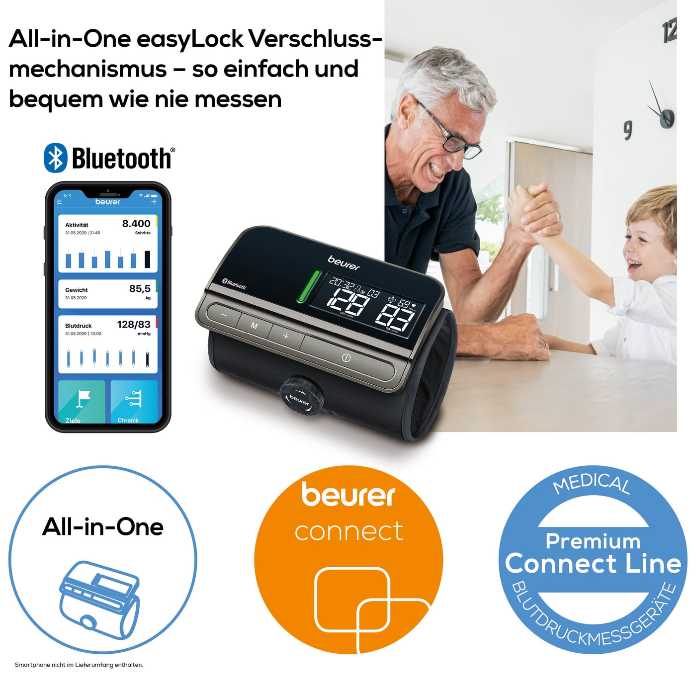 Beurer Blutdruckmessgerät BM 81 easyLock-Bluetooth® Oberarm-Blutdruckmessgerät mit Inflation-Technology & easyLock-Manschette