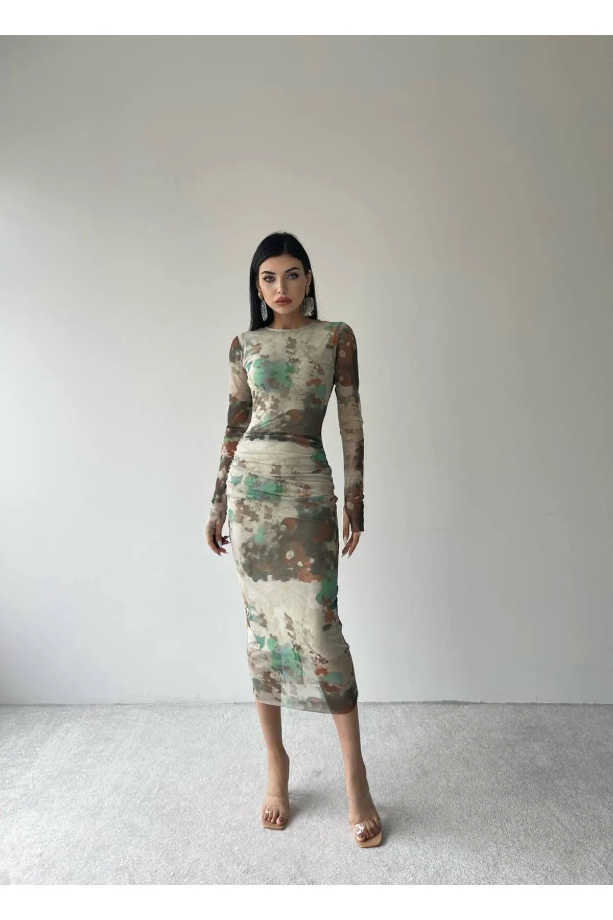 SONREİR  MIDI-GEMUSTERTES KLEID MIT FINGERUHRFUTTER