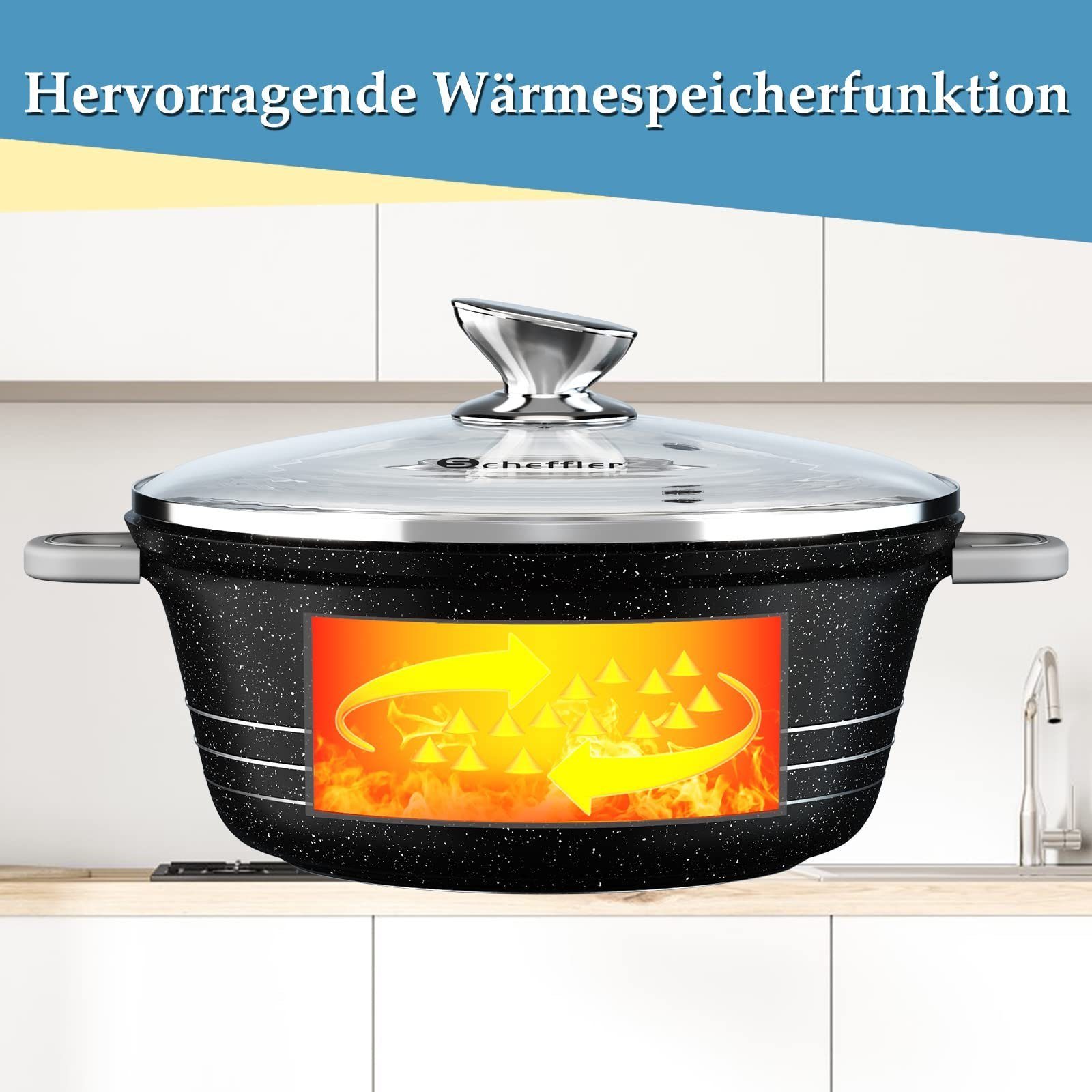 Scheffler Topf-Set Kochtopf Set Induktions Antihaftbeschichtung Töpfe Set mit Glasdeckel, Aluminium (2,2/4/6/10L, 4-tlg., Topf), Induktionsgeeignet