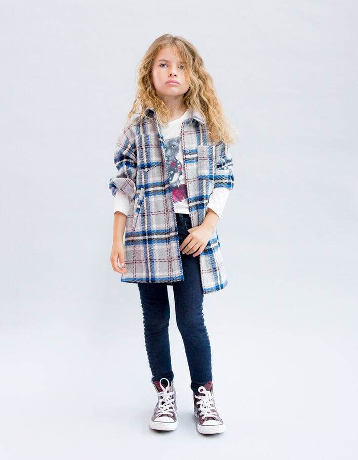 Manteau gris, bleu, noir, écru motif carreaux fille