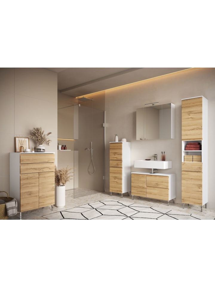 KADIMA DESIGN Waschbeckenunterschrank, Weiß-Eiche, 80x34x56 cm, Chromfüße, Stauraum günstig kaufen onesize