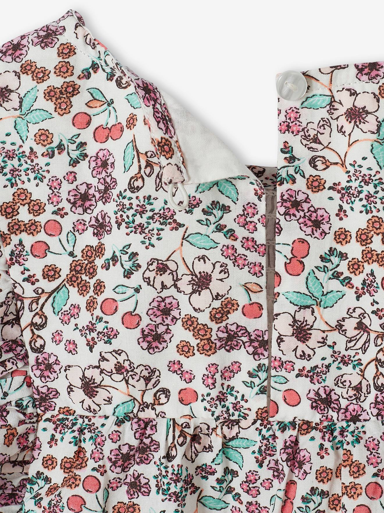 Robe motifs fleurs de cerisier fille manches volantées écru