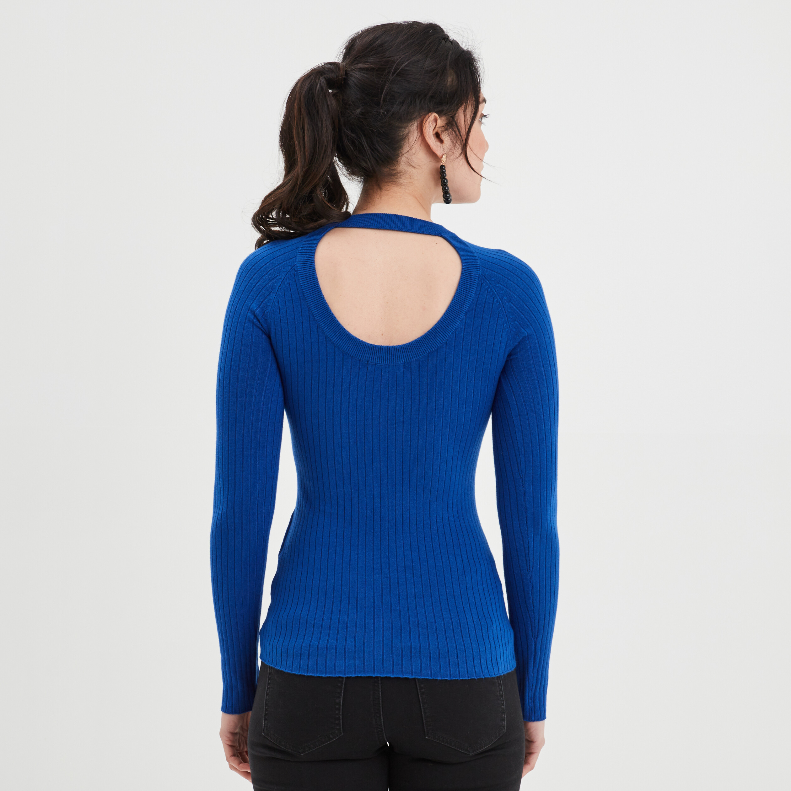 Pull ouverture dos et boutons épaules bleu electrique femme | La Halle
