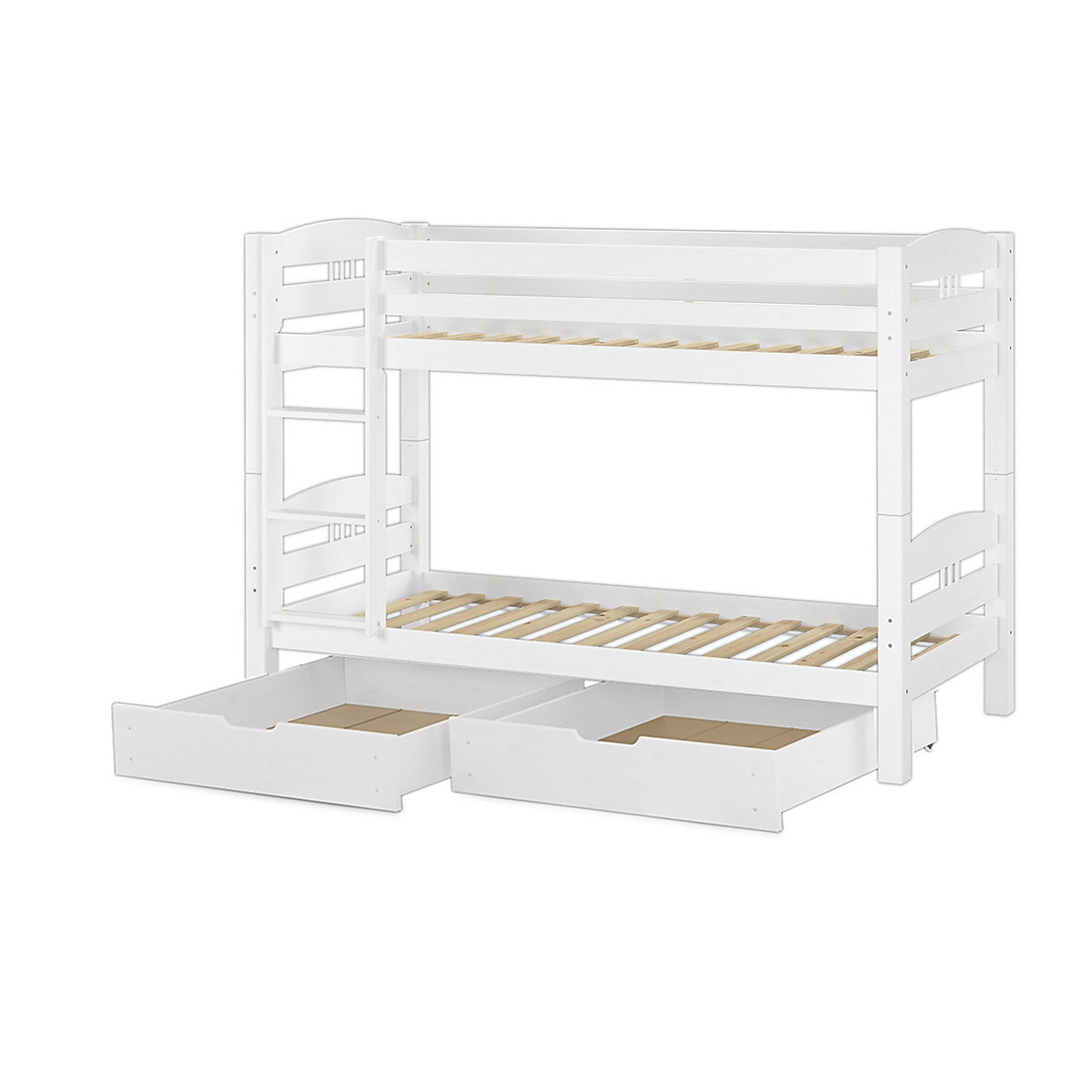 Stockbett 90x200 Kiefer weiß mit Rollrost und Bettkasten