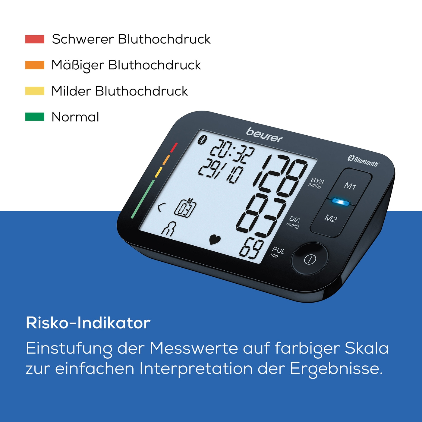 Beurer Oberam-Blutdruck-messgerät BM 54-Bluetooth® Oberarm-Blutdruckmessgerät mit Risiko-Indikator