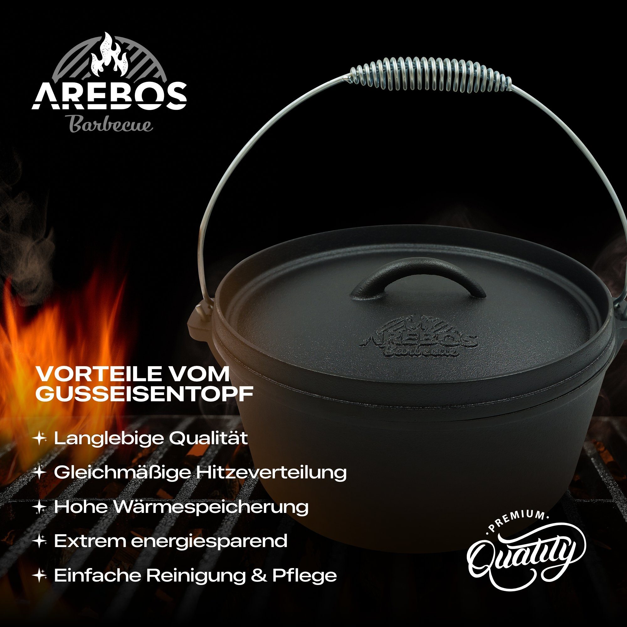 Arebos Topf-Set Dutch Over BBQ Set aus Gusseisen Feuertopf Schmortopf, (Set)