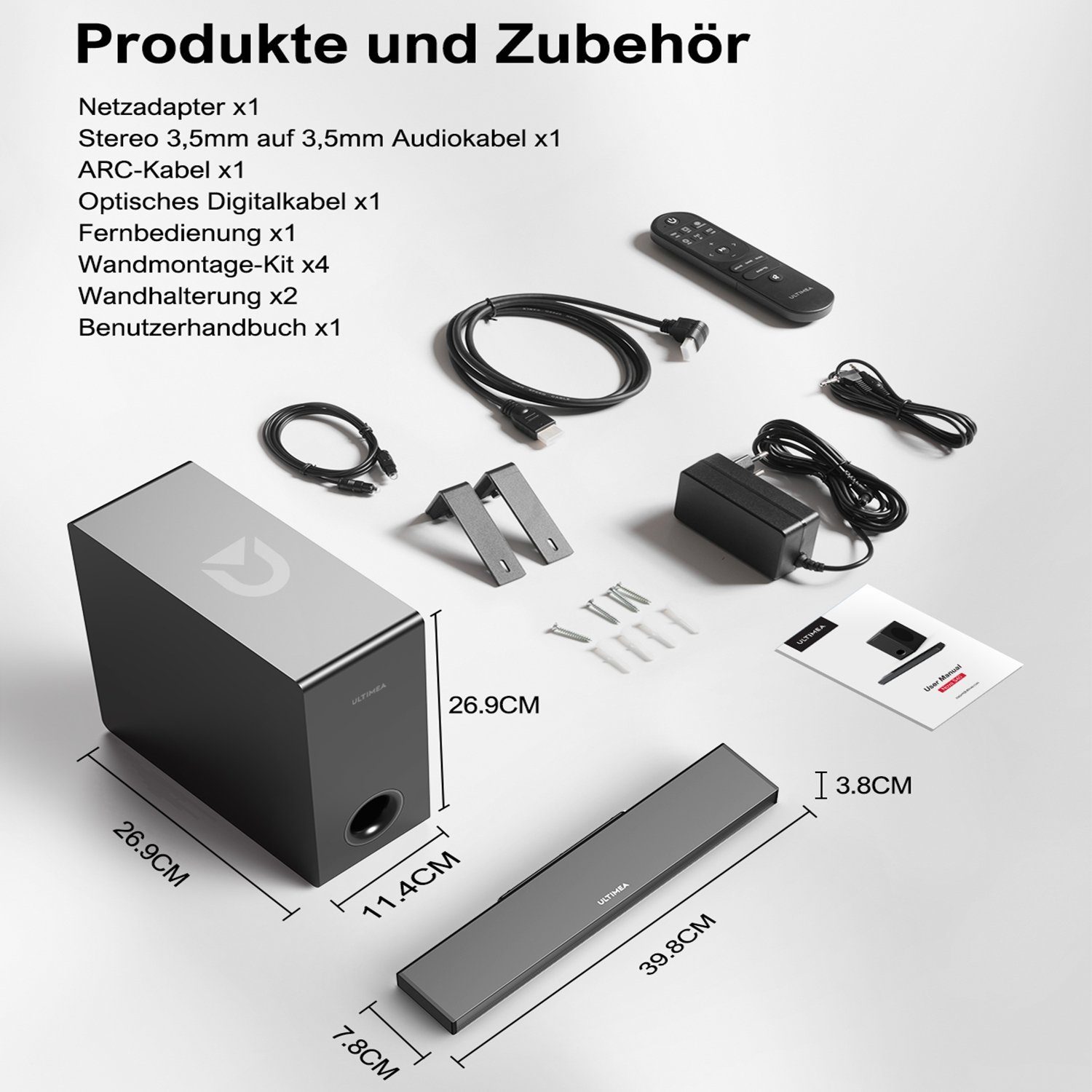 Ultimea Nova S40 2.1 Soundbar (HDMI ARC, 160 W, Surround-Sound, Bass Verbessert, 35mmT, Schlank Aber Leistungsstark)