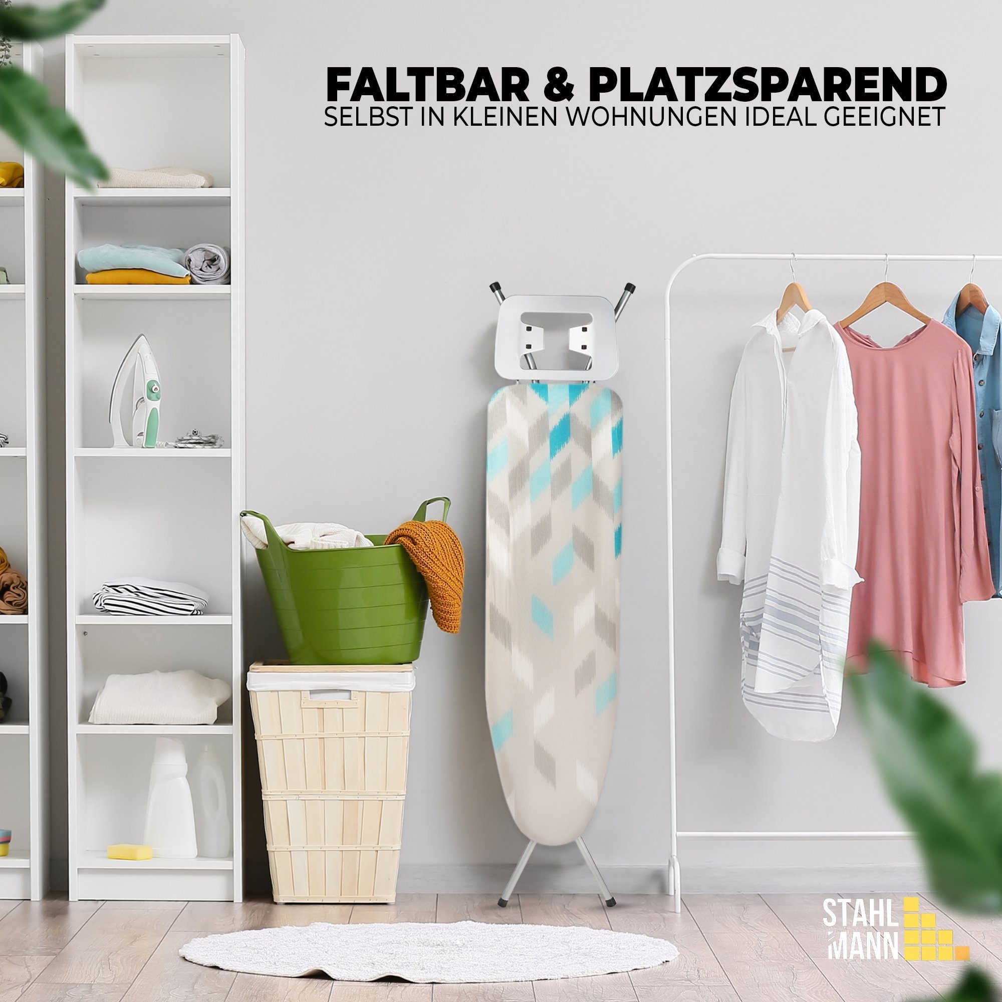 STAHLMANN COMMERCE GmbH Bügelbrett höhenverstellbares Bügelbrett mit rutschfesten Füßen, Bügelfläche 30,00x105,00 cm, robuster Bügeltisch inkl. Bügelbrettbezug