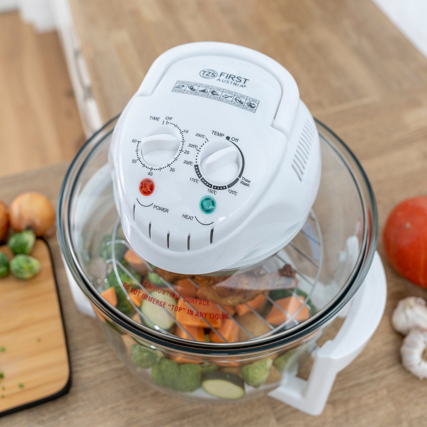 TZS FIRST AUSTRIA Minibackofen Halogenofen 1400W, Heissluftofen 17L, bis 250°C, Mini Backofen Weiß, Halogen Ofen mit Erweiterungsring, Umluftofen