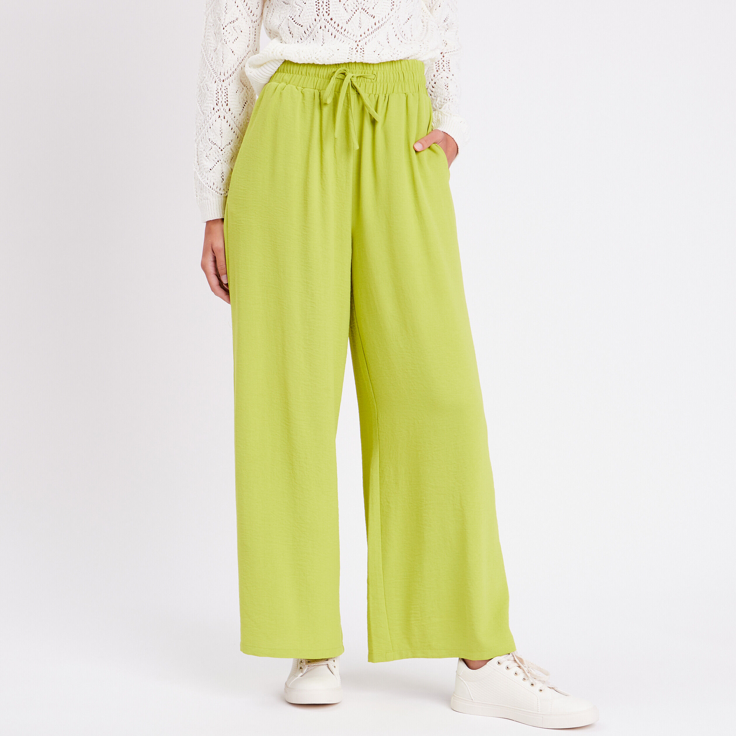 Pantalon droit fluide vert anis femme | Cache Cache