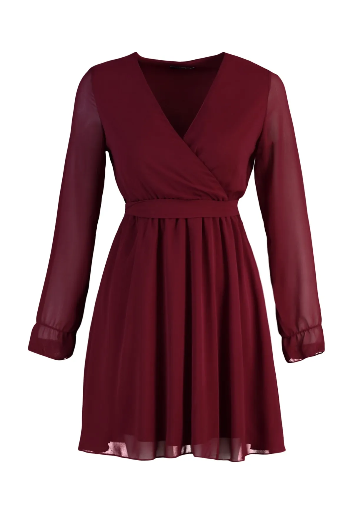 Trendyol Collection  Burgunderrotes, gefüttertes, zweireihiges Webkleid mit Gürtel TWOAW20EL0789