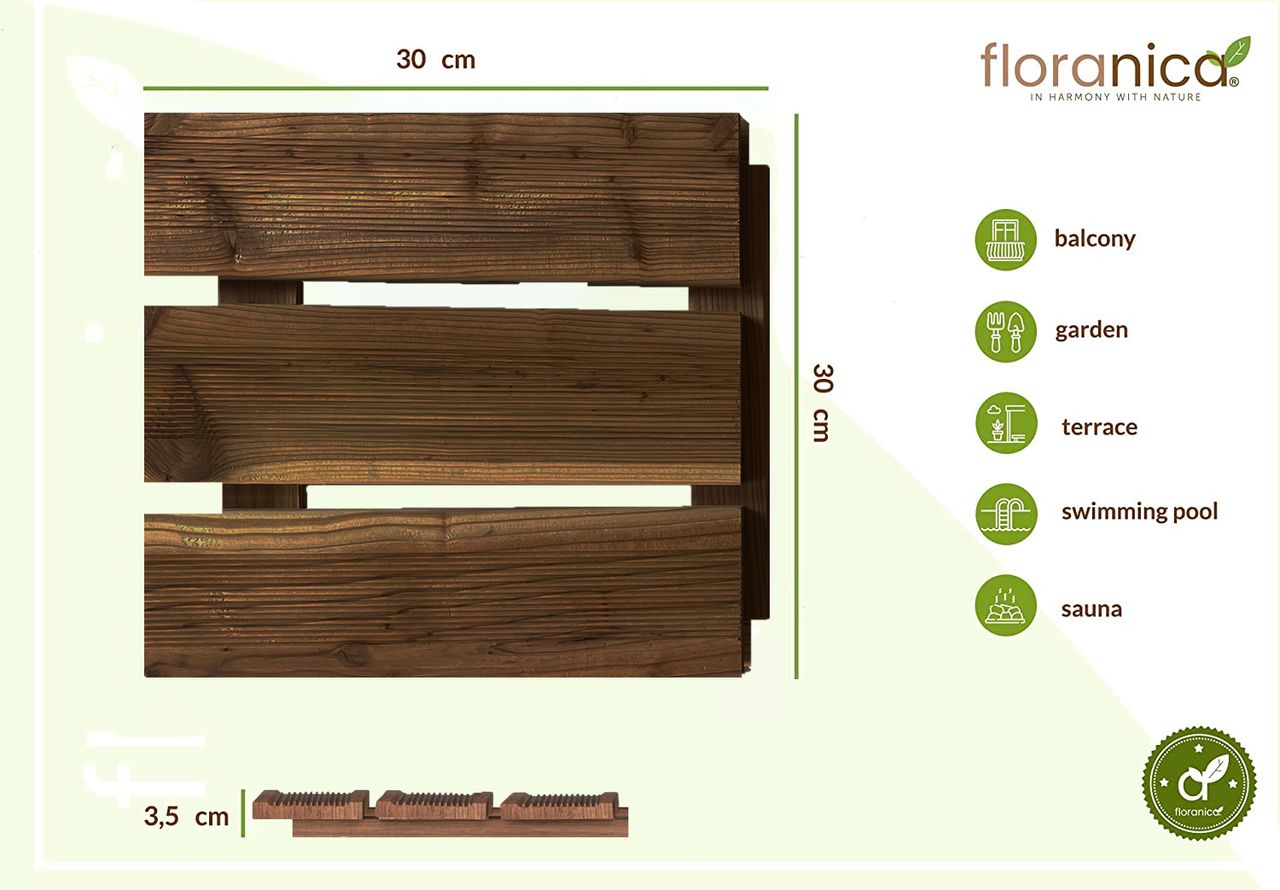 Pemicont Floranica Holzterrassenplatten 1 Stück 30x30 cm Imprägniertes Lärchenholz Braun Boden für die Sauna Terrasse oder dem Balkon Holzfliese im Garten Gefräste Oberfläche Balkonfliesen