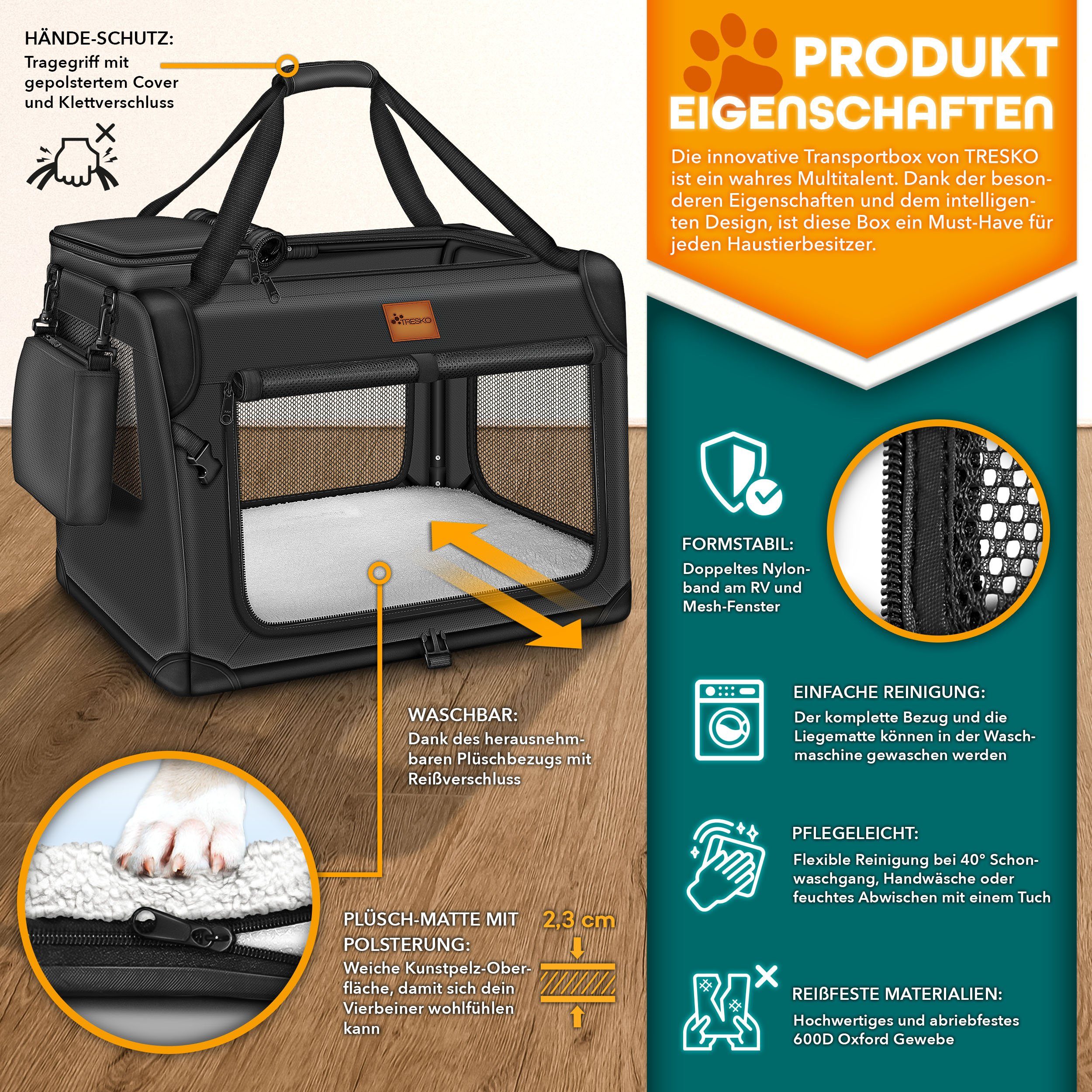 TRESKO Hunde-Transportbox Hundebox faltbar inkl. Leckmatte und Spatel bis 15,00 kg, Transportbox für Hunde und Katzen Hundetransportbox Hundetasche