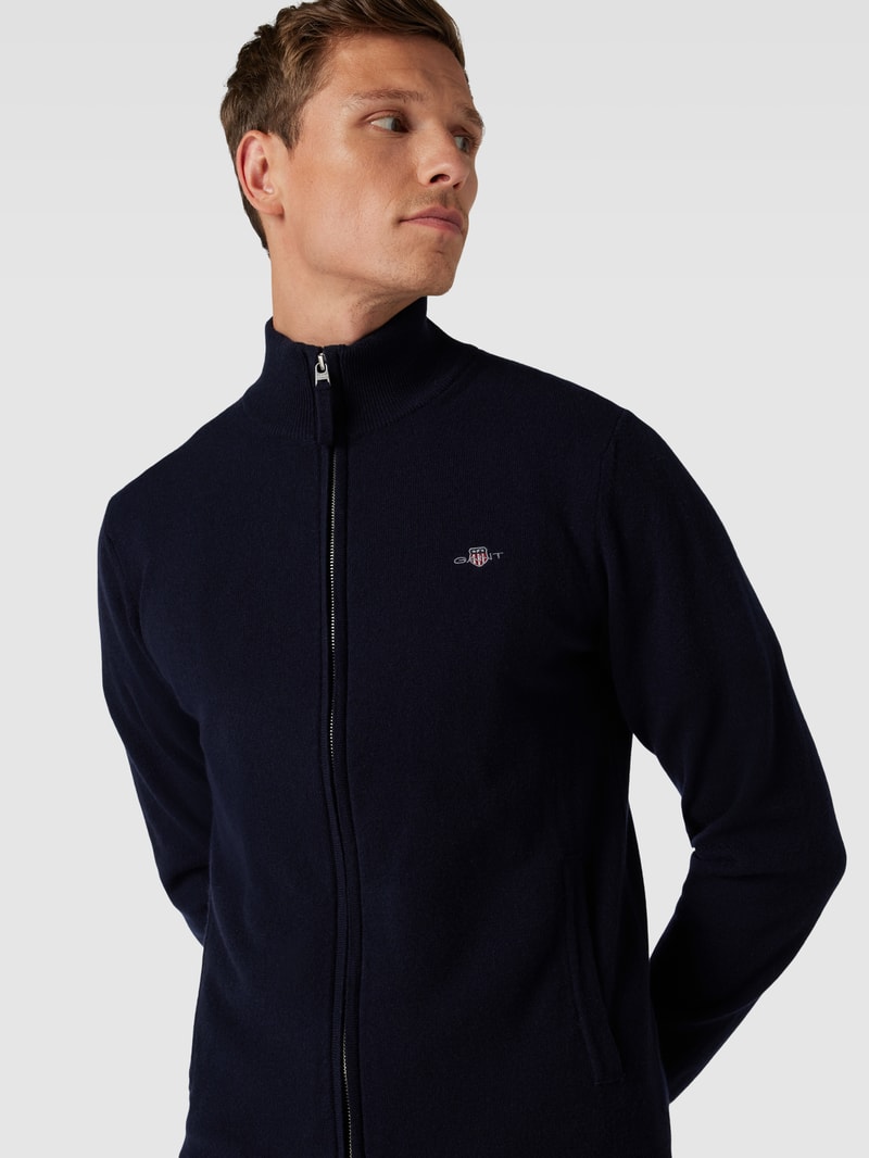 Strickjacke aus reiner Lammwolle mit Label-Stitching in marineblau