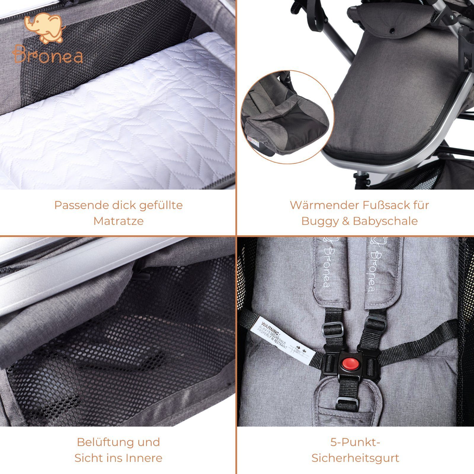 Bronea Kombi-Kinderwagen 3 in 1 Kinderwagen Set mit ISOFIX Station & Zubehör - Auto-Babyschale, (10, 10-tlg), große Räder - leicht klappbar - verstellbarer Fahrtrichtung - 0-25kg