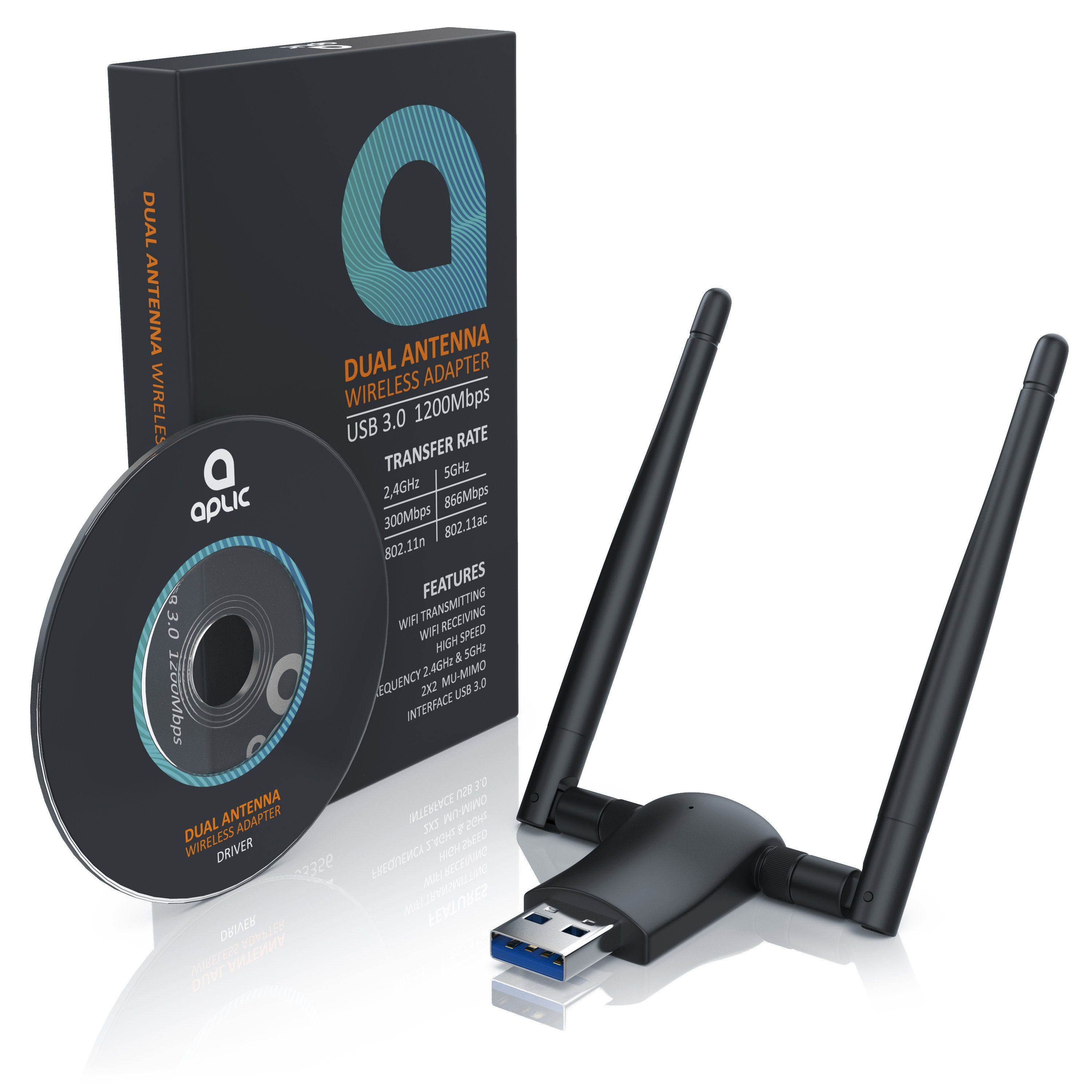Aplic WLAN-Stick, WIFI Dongle USB3.0, 1200 MBit/s Dual Band 2,4 + 5 Ghz externe Antennen