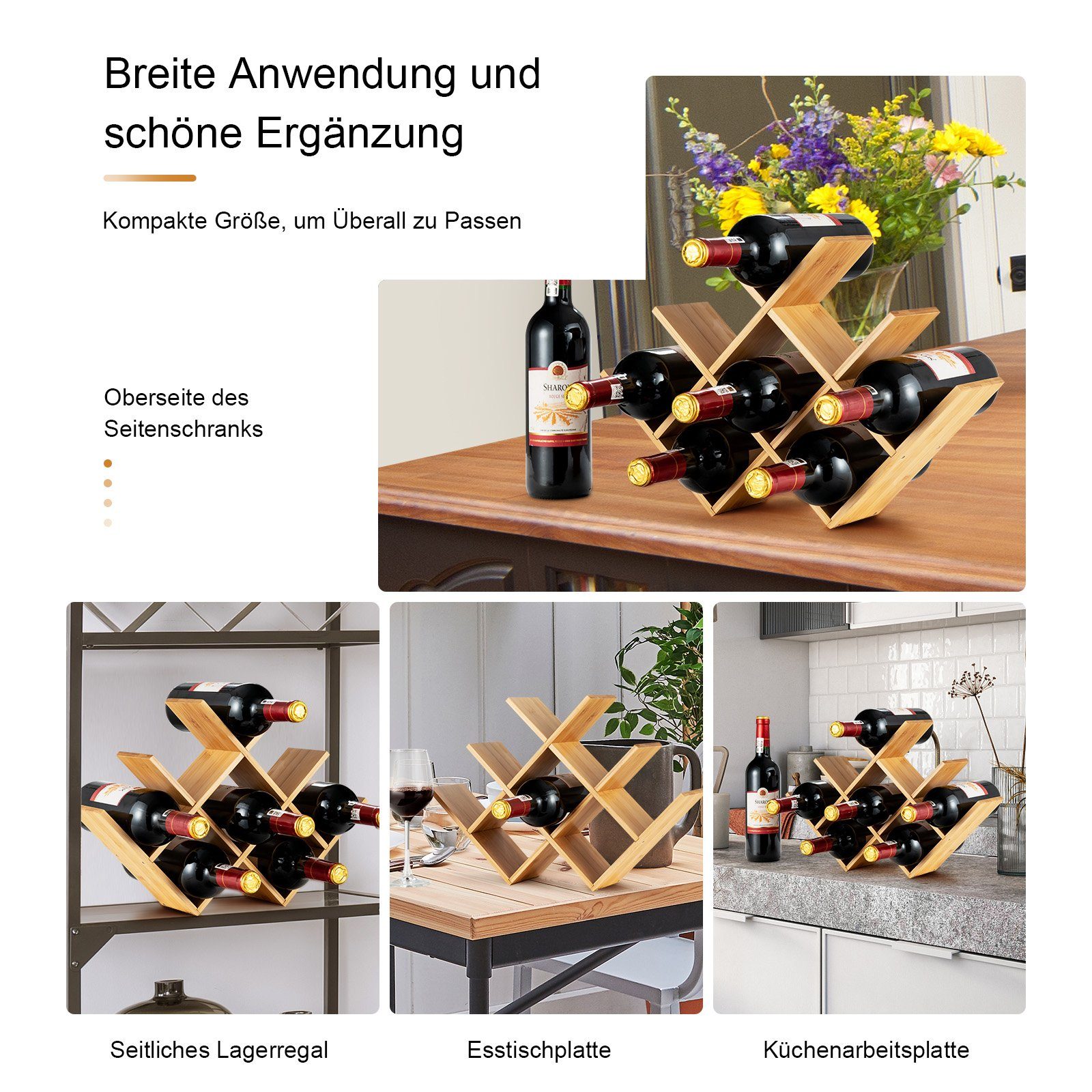 COSTWAY Weinregal Flaschenregal Weinständer, 8 Flaschen aus Bambus