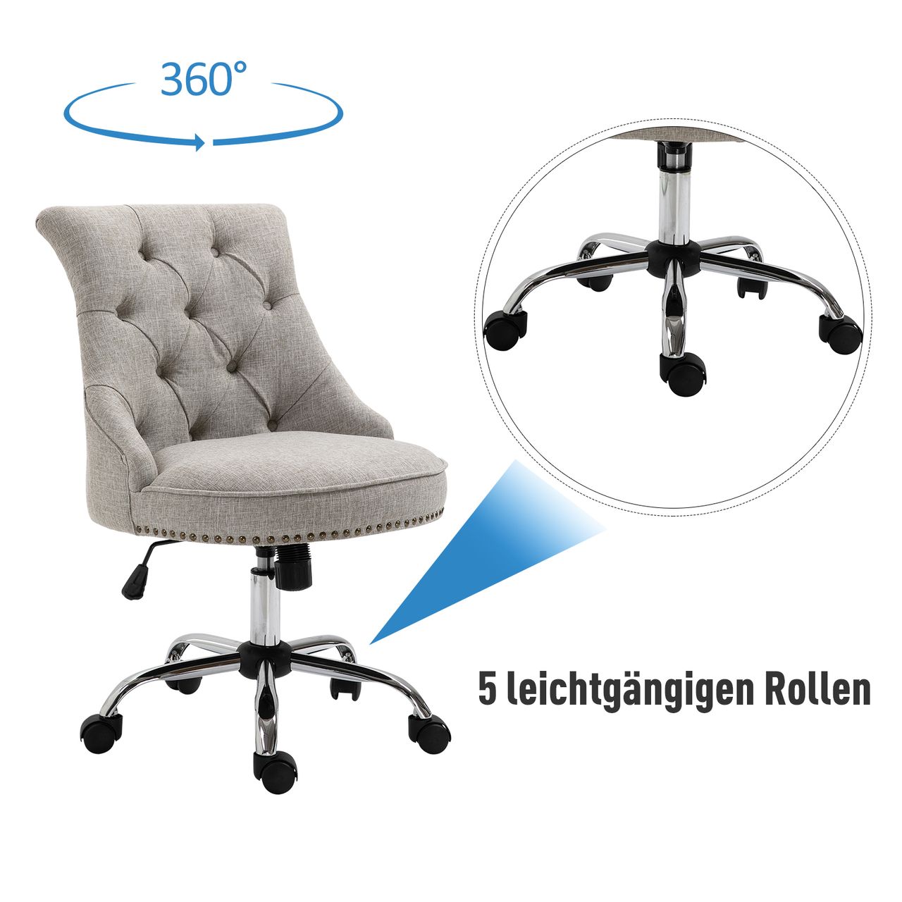 HOMCOM Drehstuhl mit Rollen Polsterstuhl Chefsessel 360° drehbar 150 kg Belastbar Höhenverstellbar Leinen Metall Hellgrau 54 x 65,5 x (84–91) cm