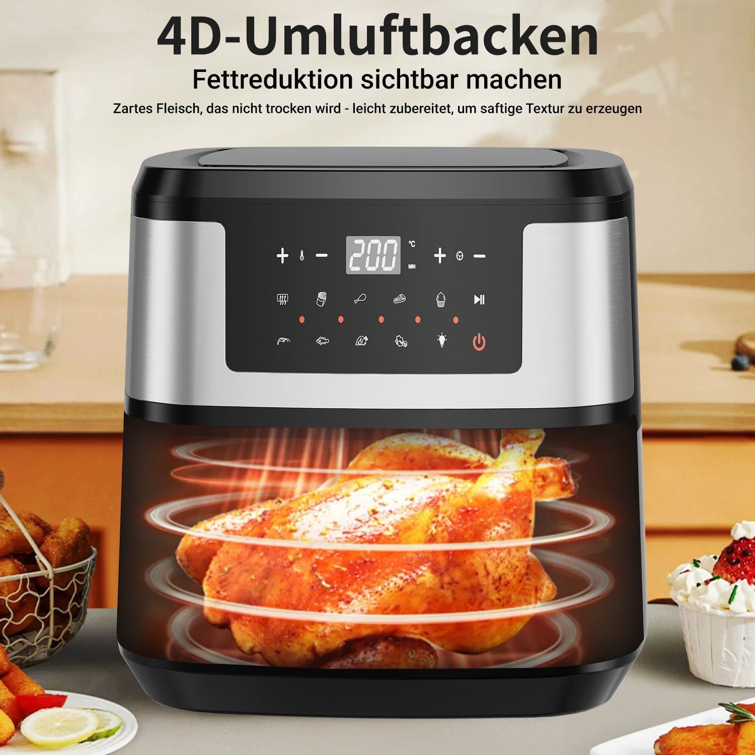 Yaviel Heißluftfritteuse 8L/9.7L Heizluft Fritteuse XXL Air Fryer Ohne Öl LED Touchscreen, 1600,00 W, Airfryer Einstellbare Zeit/Temperaturregelung 12 Programmen für Braten