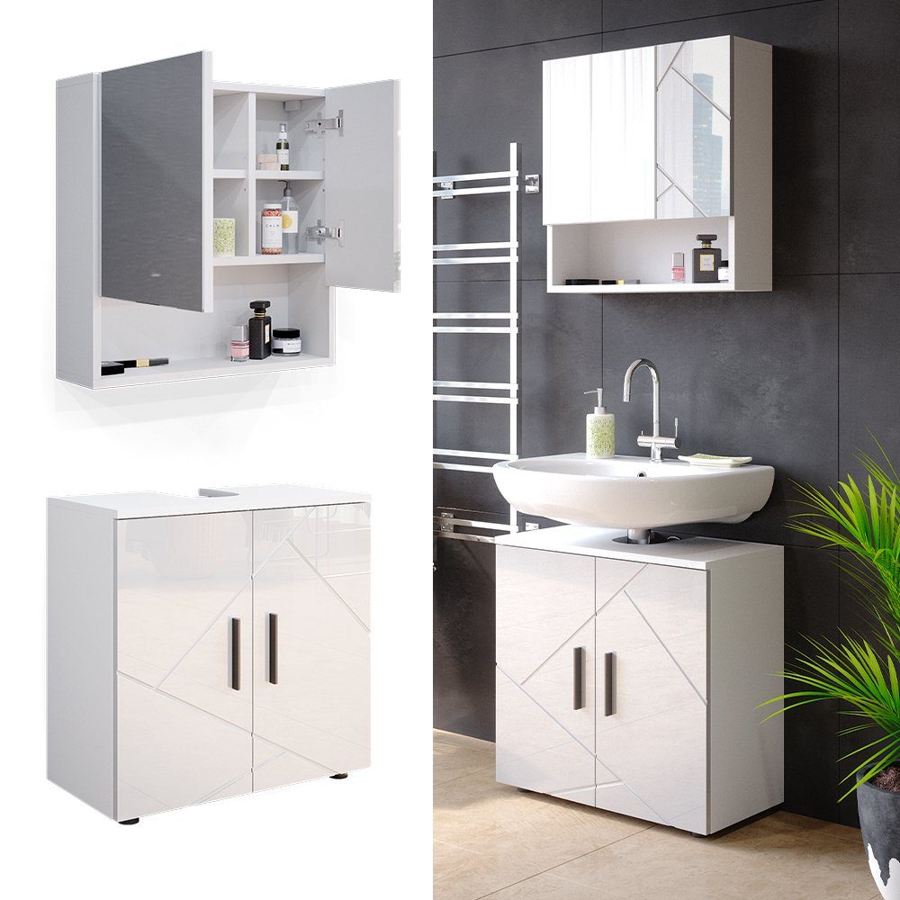 Vicco Badezimmer-Set Badmöbel Badezimmermöbel Irma Weiß Hochglanz Set 1, (3-er Set, 2-St., Spiegelschrank,Waschbeckenunterschrank,Badschrank)