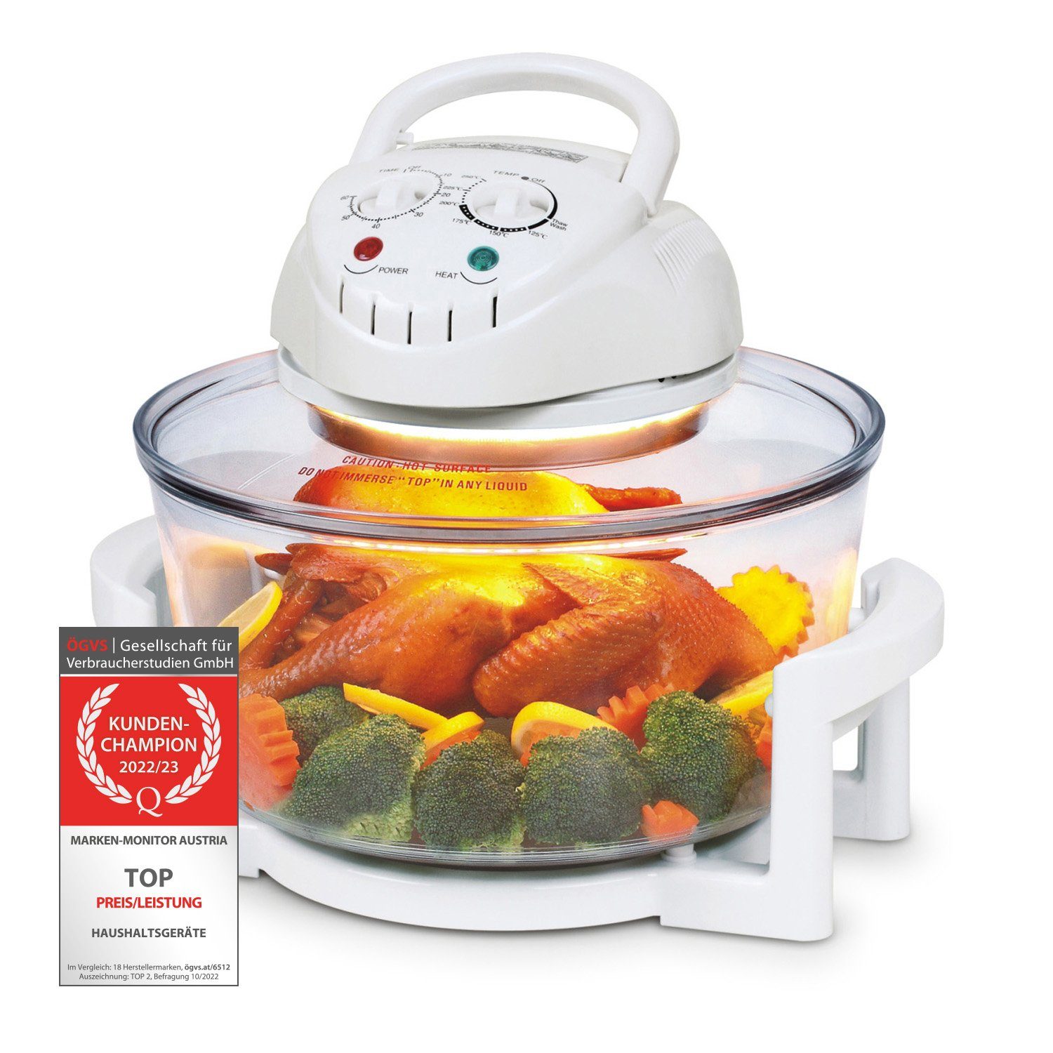 TZS FIRST AUSTRIA Minibackofen Halogenofen 1400W, Heissluftofen 17L, bis 250°C, Mini Backofen Weiß, Halogen Ofen mit Erweiterungsring, Umluftofen
