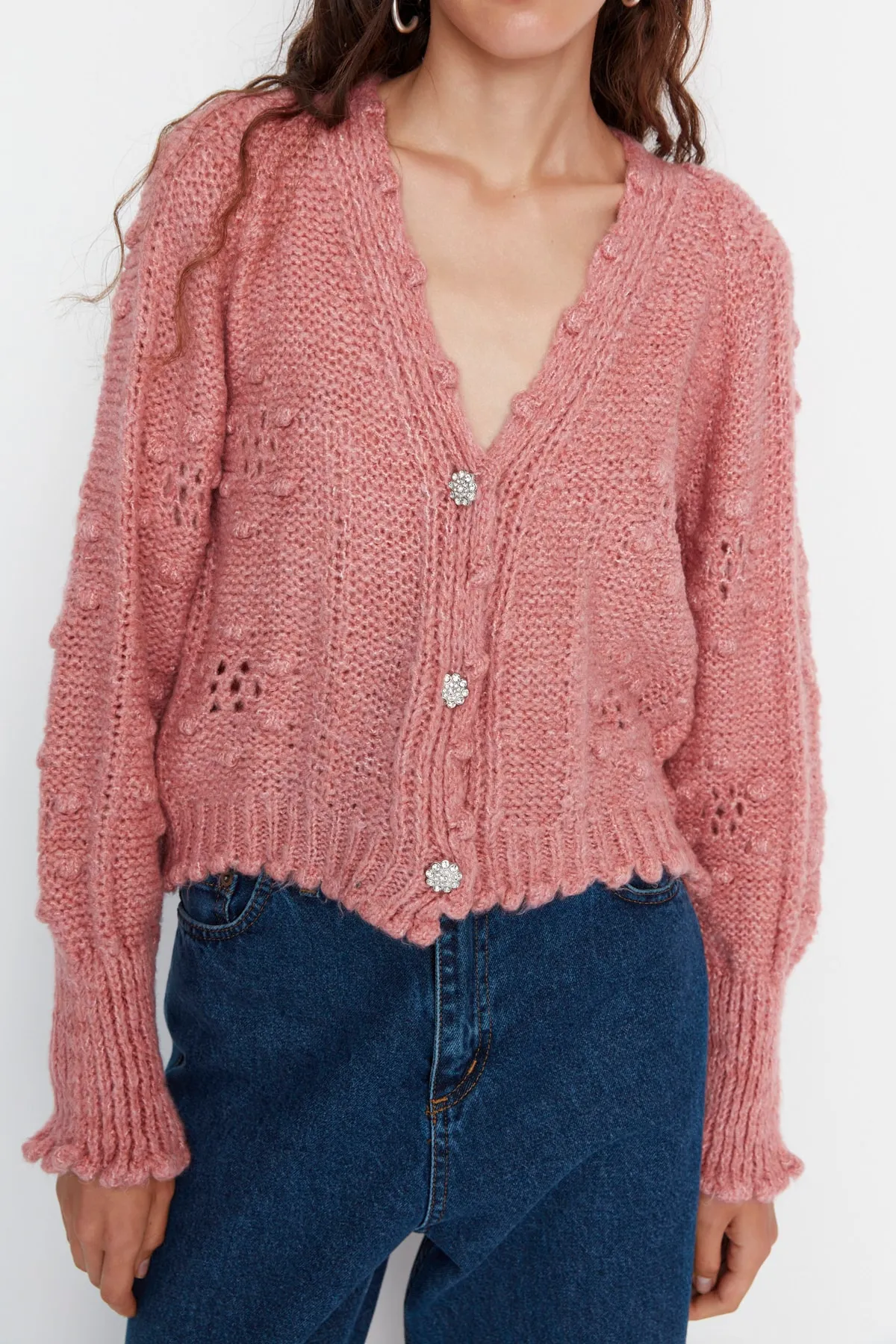 Trendyol Collection  Puderweiche, strukturierte Strickjacke mit Lochmuster TWOAW22HI0040