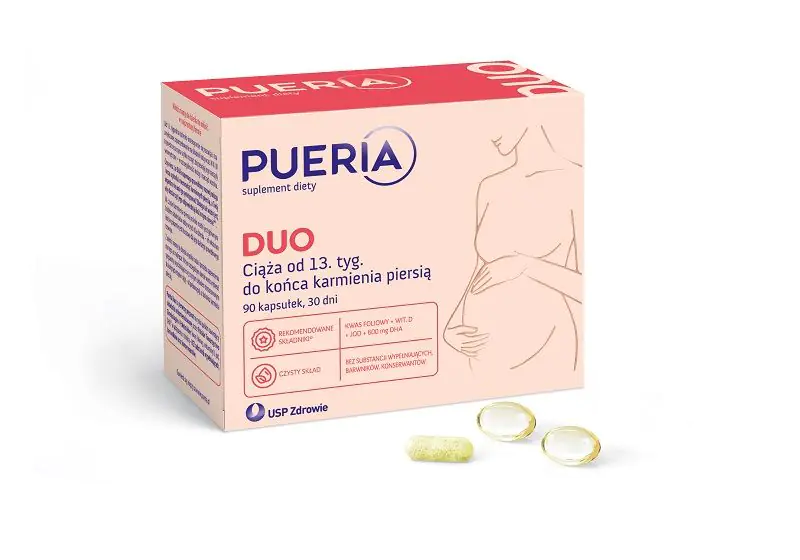 Pueria Duo maisto papildas nėščioms moterims (nuo 13 savaitės) ir žindančioms moterims. Kapsulės.