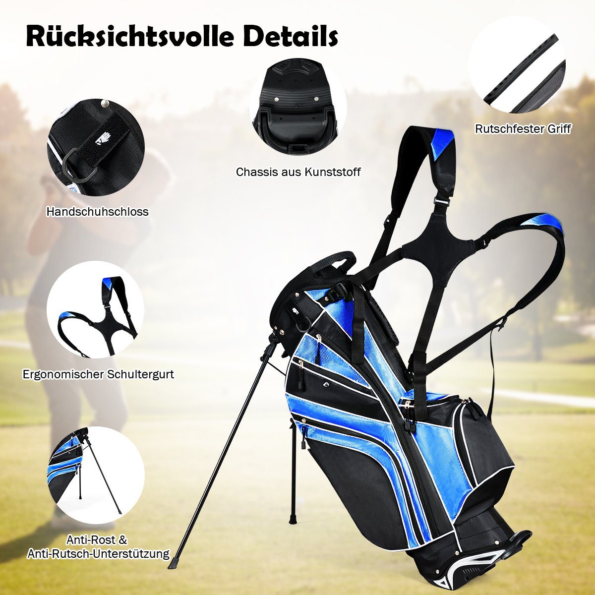 COSTWAY Golftrolley + Golfbag, mit Ständer, Regenschirmhalter