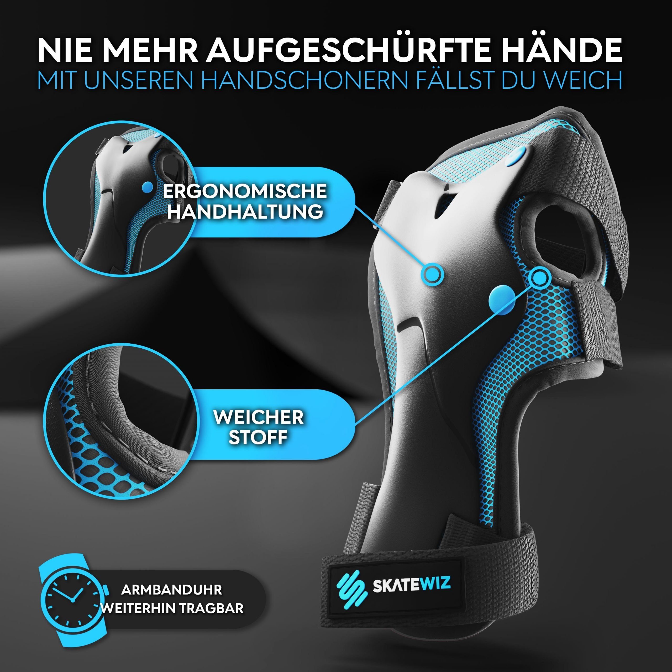 SKATEWIZ Protektoren-Set Schützer Skateboard ab 8 Jahre Protektoren Kinder und Erwachsene (Inline Skate Schonerset, 6-tlg., Knieschoner Geschenke für Kinder - Inliner Schoner), Inline Skate, Skateboard & Schlittschuhe Schoner