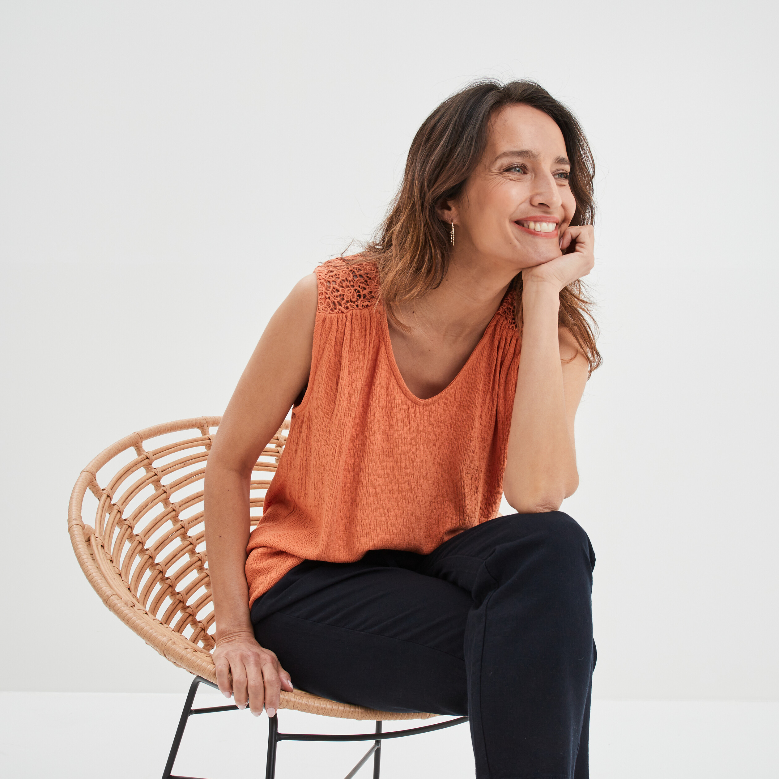 Débardeur épaules macramé col en V orange corail femme | La Halle