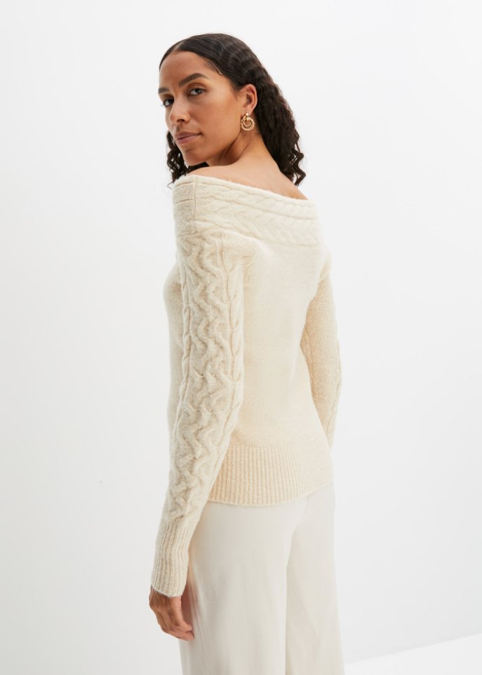 Carmen-Pullover mit Zopfmuster