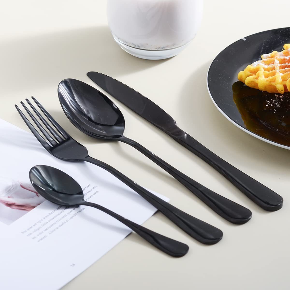 iceagle Besteck-Set 24 Stück Besteck Set, Schwarz Mattiert Essbesteck Set für 6 Personen