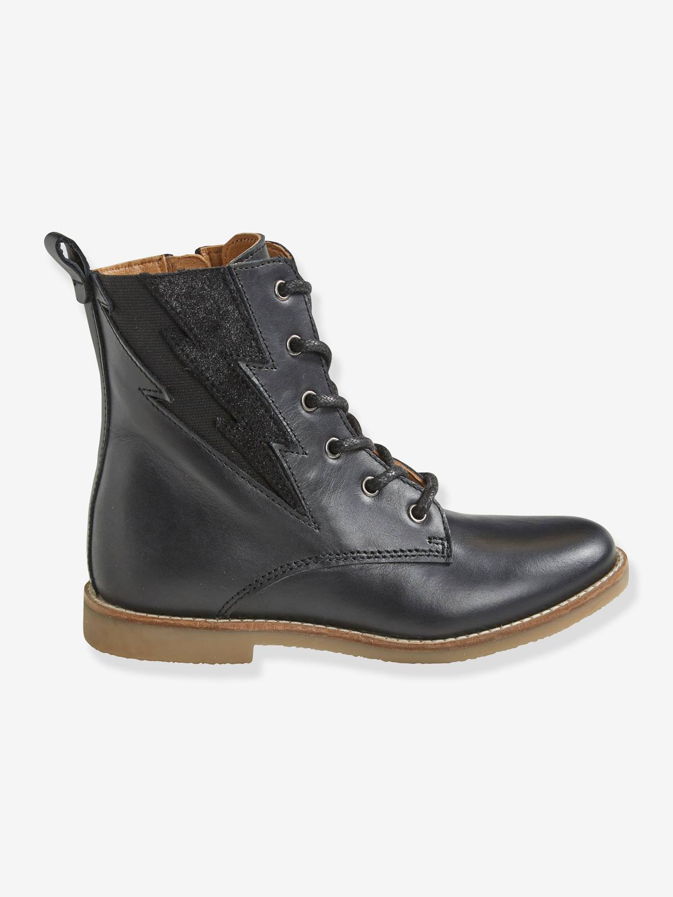 Bottines hautes lacées et zippées en cuir fille noir