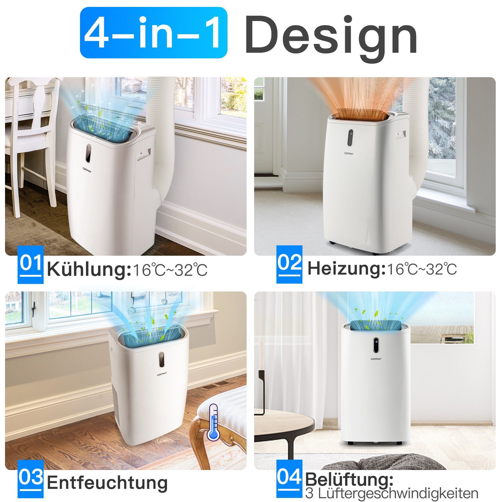 COSTWAY 4-in-1-Klimagerät, Heizlüfter 2,8 kW, 12000BTU/3,5 kW, für 65m³