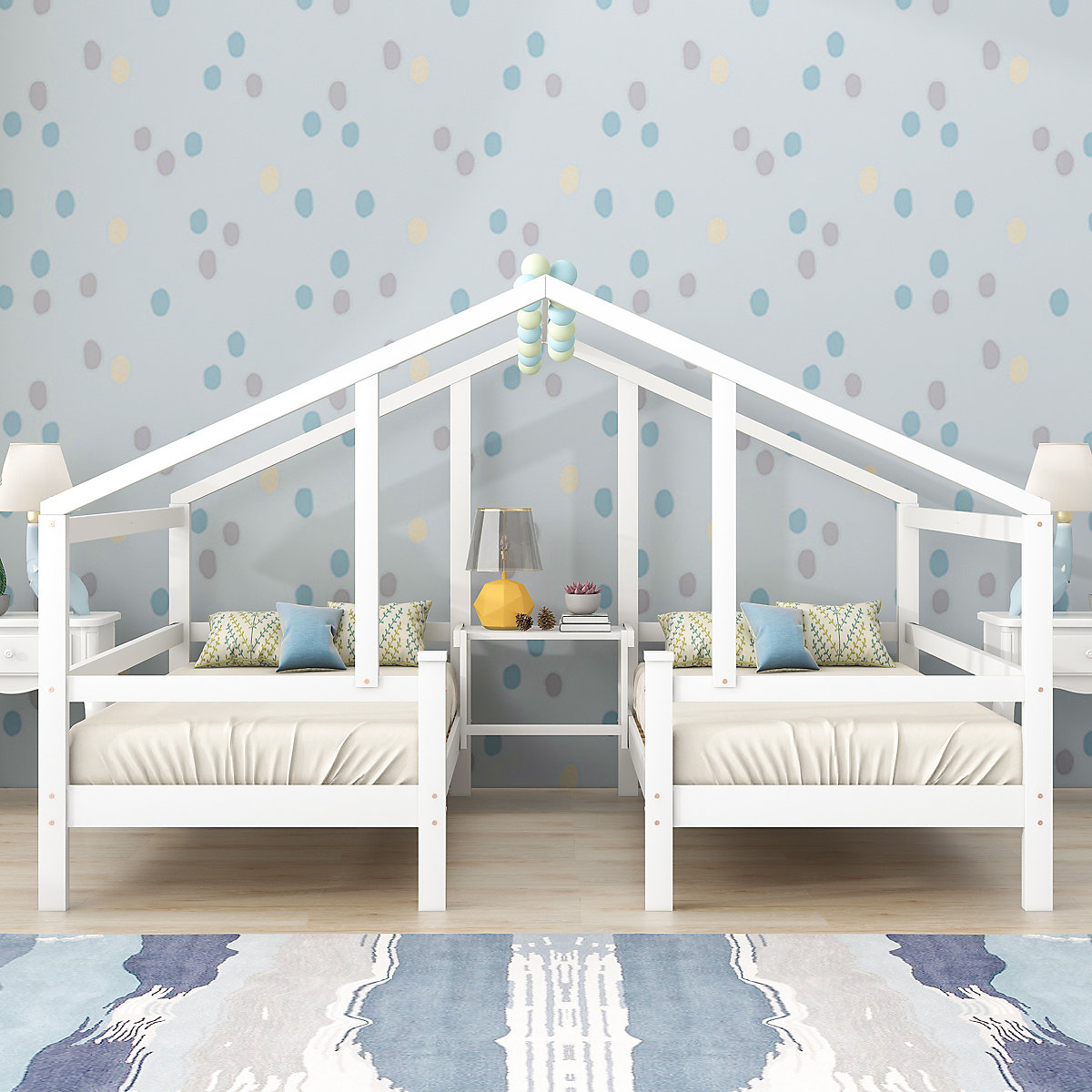 Hausbett Kinderbett 90x200 cm 2tlg. mit Rausfallschutz, Nacchttisch und Lattenrost