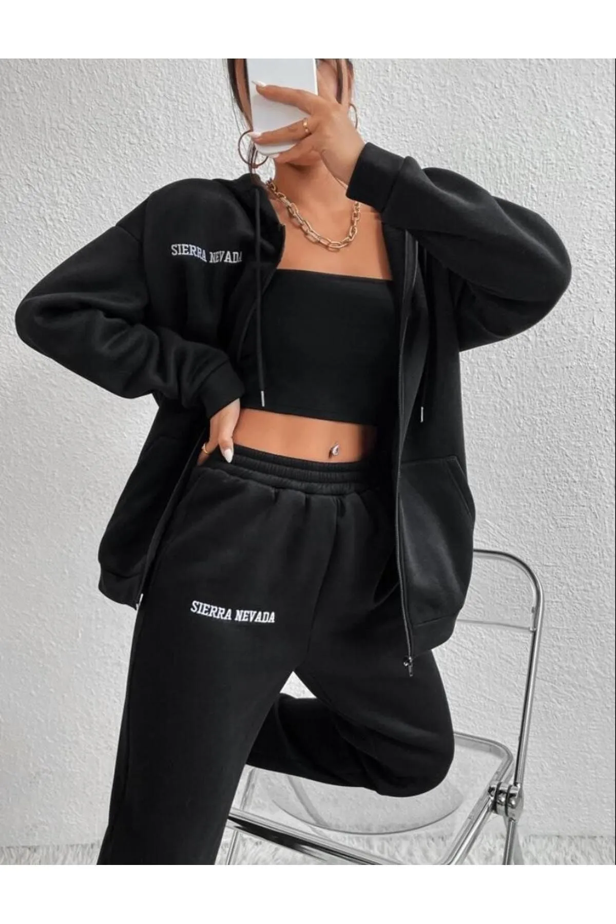 Know  Schwarzes Sierra Nevada-Trainingsanzug-Set mit Cardigan-Jogger-Übergröße für Damen in Schwarz