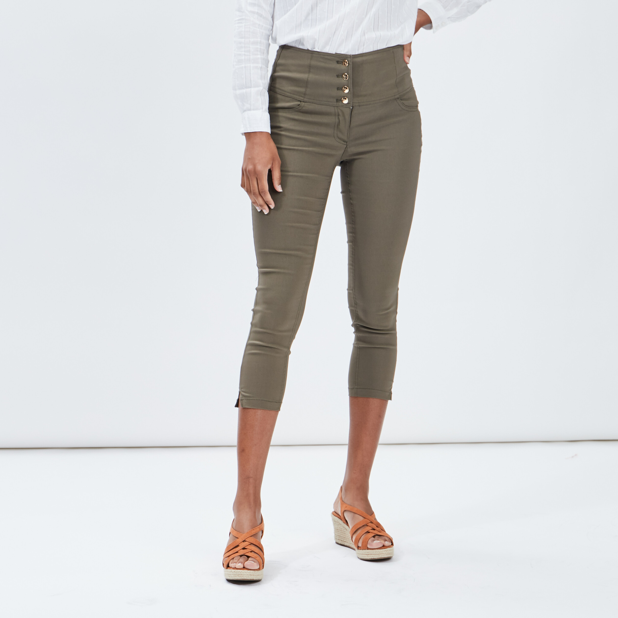 Pantacourt slim taille haute vert kaki femme | La Halle