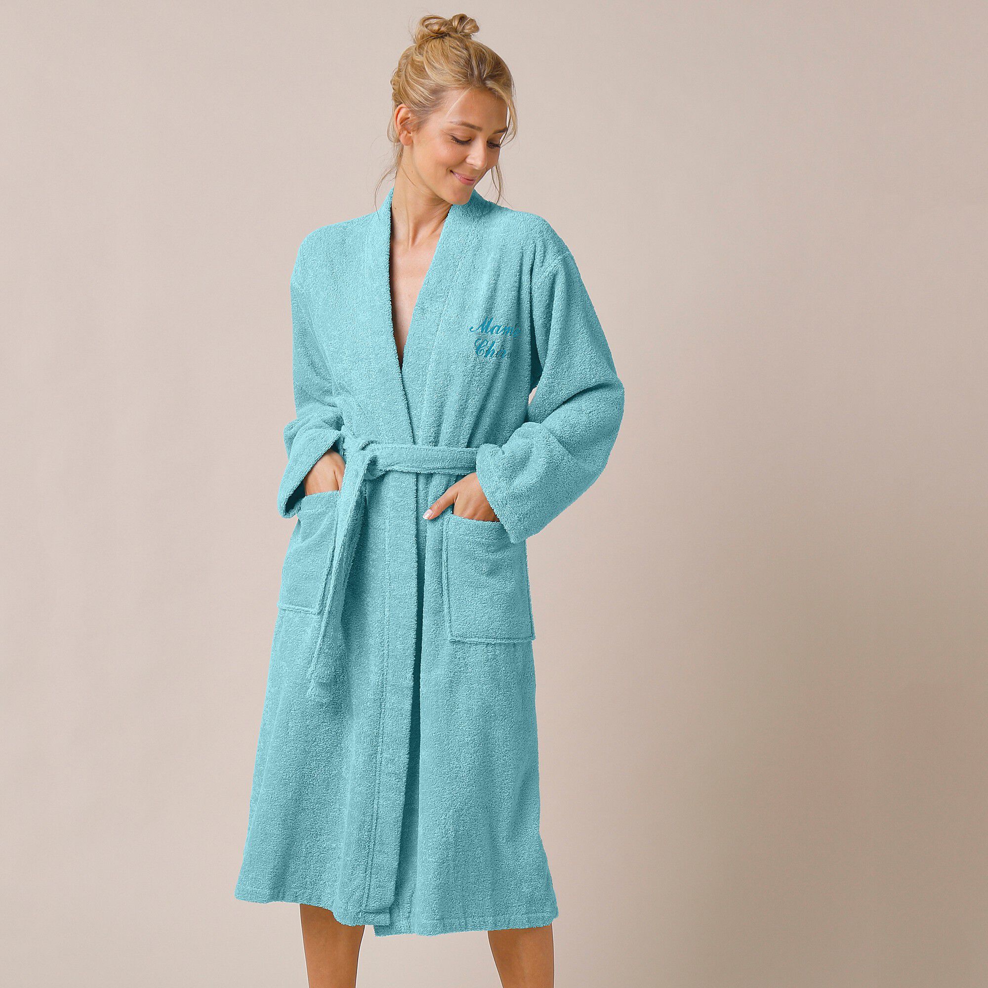 Peignoir mixte adulte uni coton éponge bouclette col kimono personnalisé