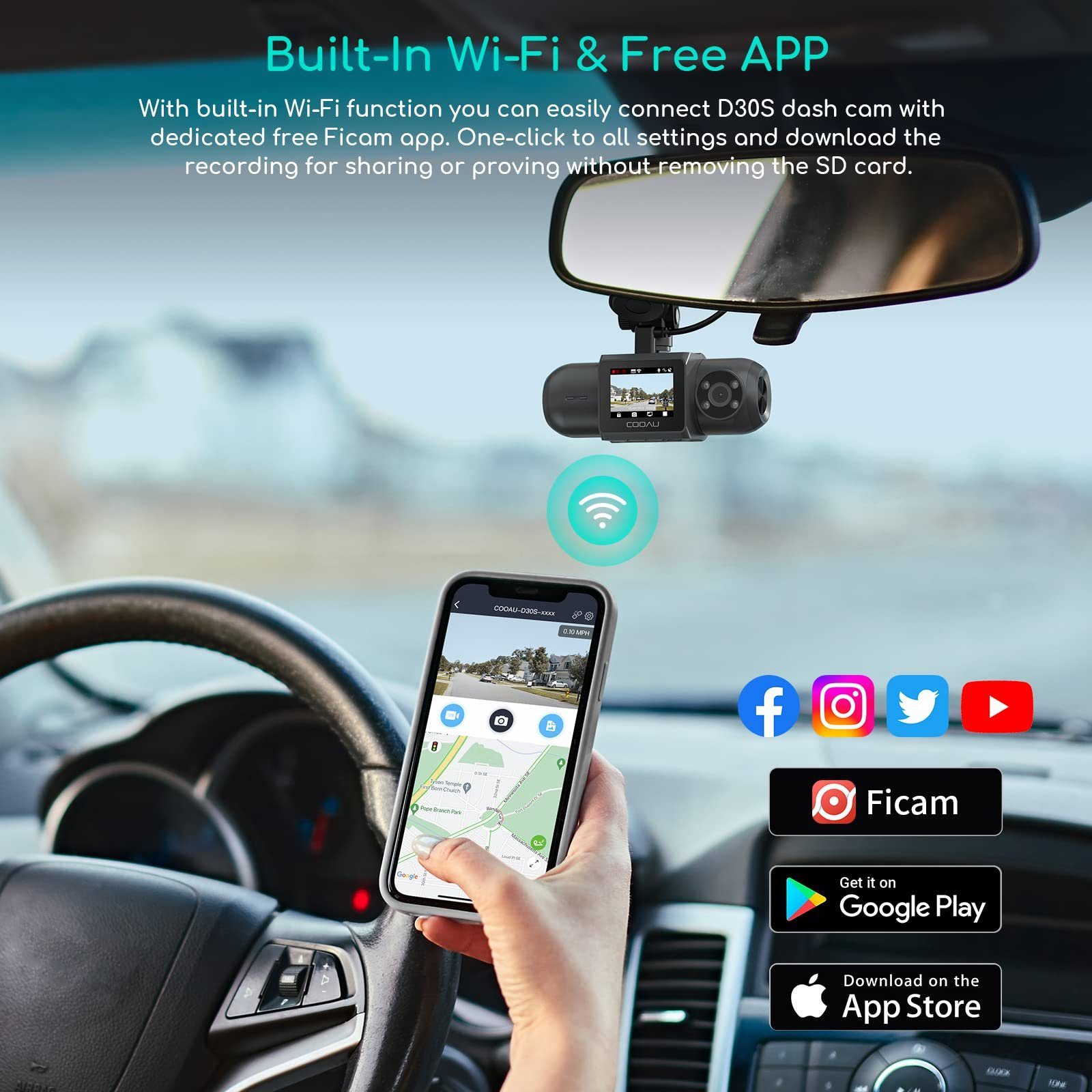 COOAU Dual Dashcam FHD Frontkamera+Heckkamera mit WiFi GPS Track Dashcam (FHD, 150°Weitwinkel Dash Cam,Volles 6G + 1iR-Objektiv,Überlegene Nachtsicht, Mit Sony-Sensor,Nachtsicht,Parkmonitor und Bewegungserkennung)