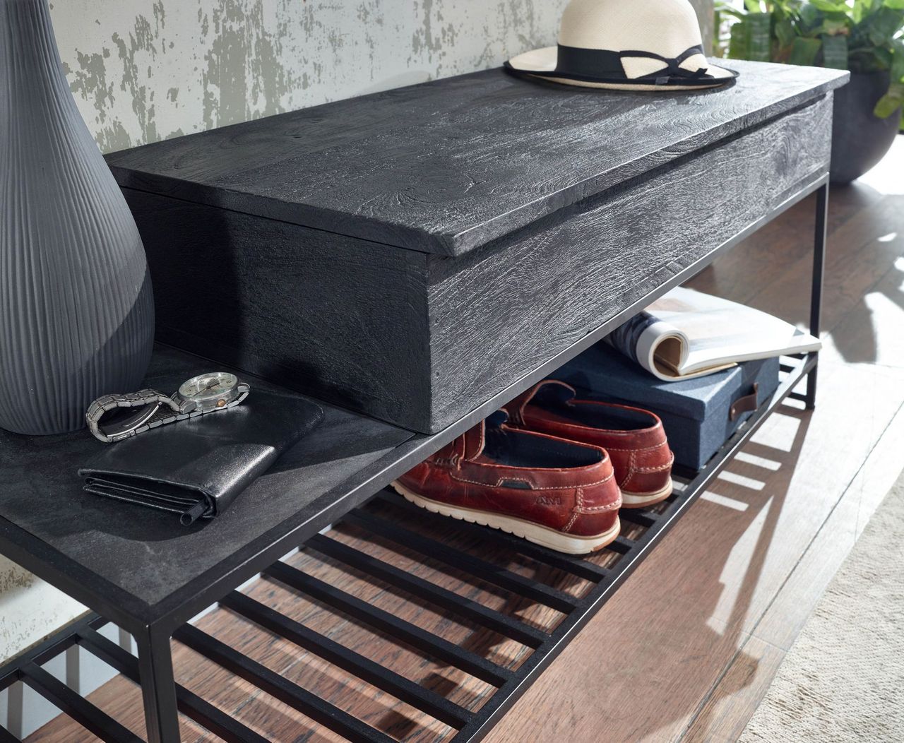 Skyport WOHNLING Garderoben Set Schwarz Holz Massiv Wandgarderobe Sitzbank Flurgarderobe