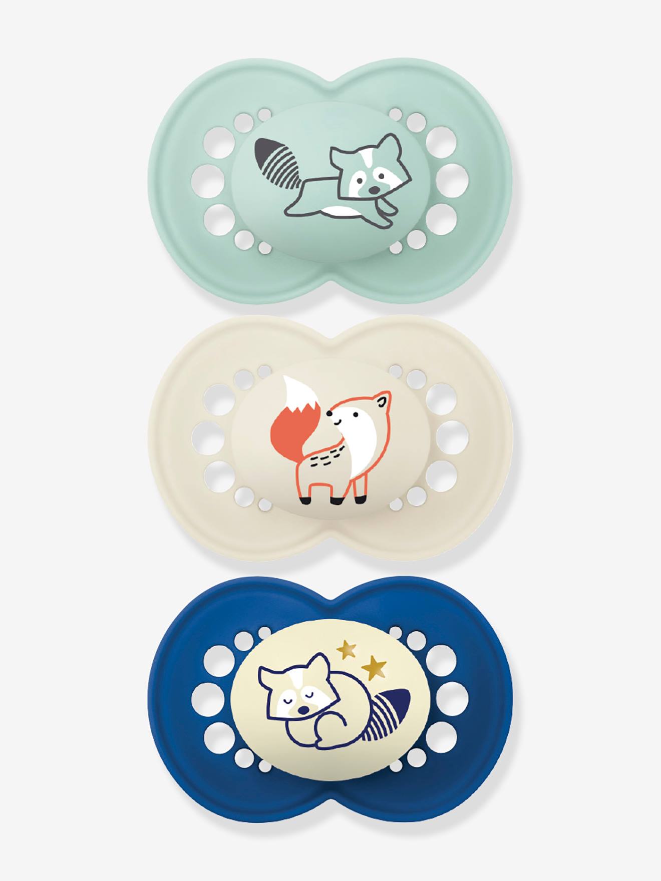 Lot de 3 sucettes en silicone MAM 18M+ : 2 Original + 1 Nuit lot rose motifs tortue et tigr
