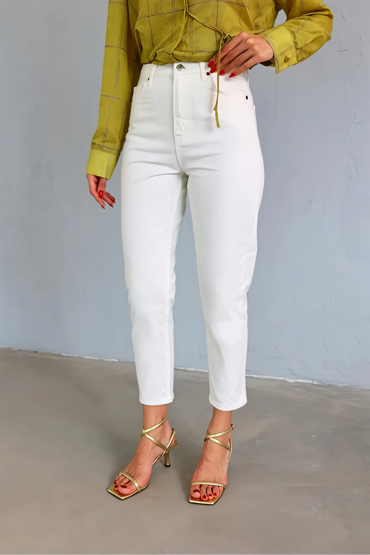 LİMABEL  Weiße Mom-Jeans für Damen, hohe Taille, weiße Mom-Jeans, 100 % natürliche Baumwolle