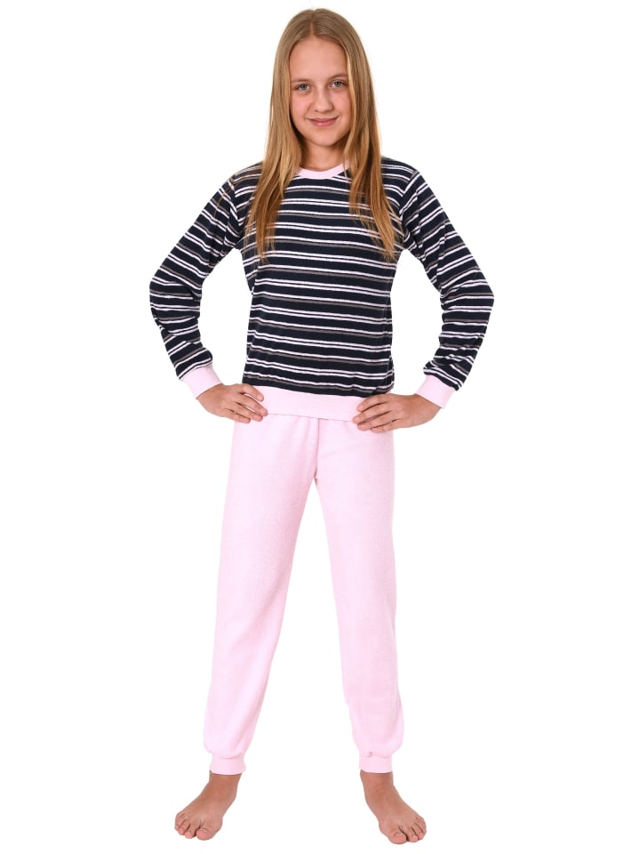 NORMANN Frottee Pyjama langarm Schlafanzug Bündchen Streifen - 50622 in marine günstig kaufen