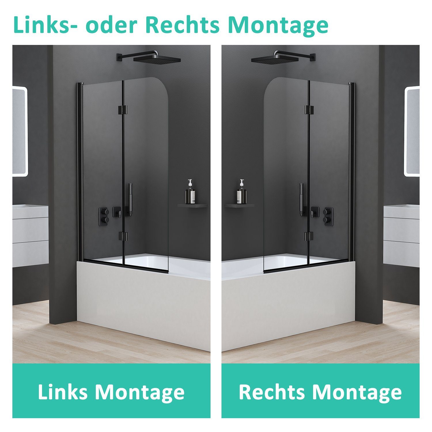 Boromal Badewannenaufsatz Duschtrennwand Schwarz 2teilig Faltbar Duschwand für Badewanne Glas, Sicherheitsglas, Einscheibensicherheitsglas, Badewannenfaltwand, Duschabtrennung badewanne, Faltwand