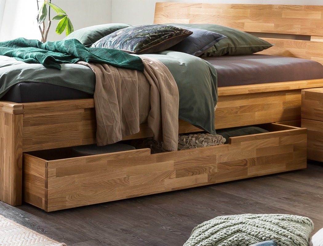 expendio Massivholzbett Cleo (Spar-Set, 3-tlg), Schubladenbett 200x200 Wildeiche mit 2 Schubladen inkl. 2x Nachttisch