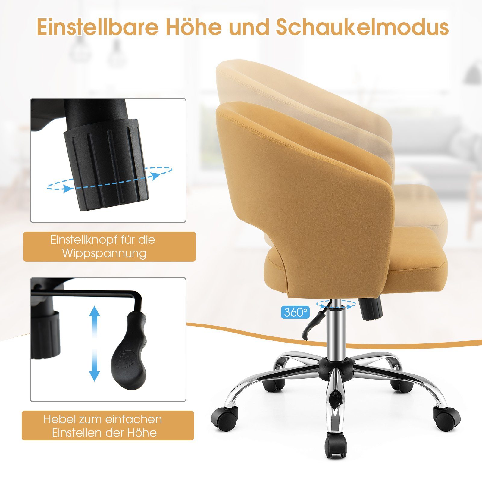 COSTWAY Bürostuhl höhenverstellbarer Schreibtischstuhl, Drehstuhl, bis 150 kg belastbar, Gelb