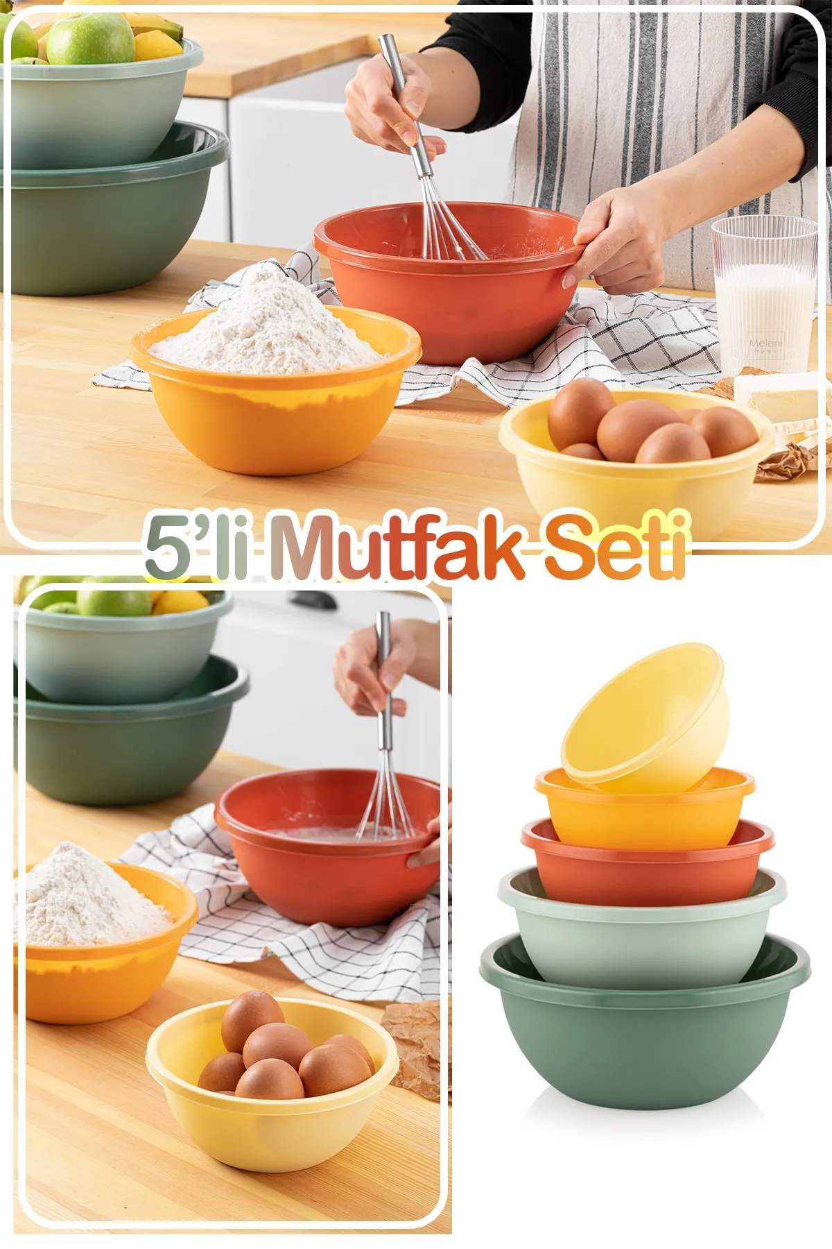 Meleni Home  5er-Set rundes Vorbereitungsschüssel-Set – Mehrzweck-Schneebesenschüssel – Badya Set Aufbewahrungsbehälter